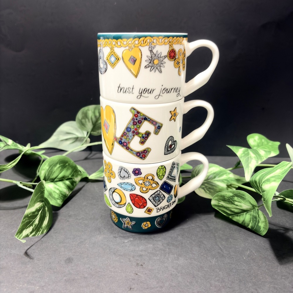 Brighton Ceramic Espresso Cup Set of 3 Love Trust Your Journey Jewelry Print